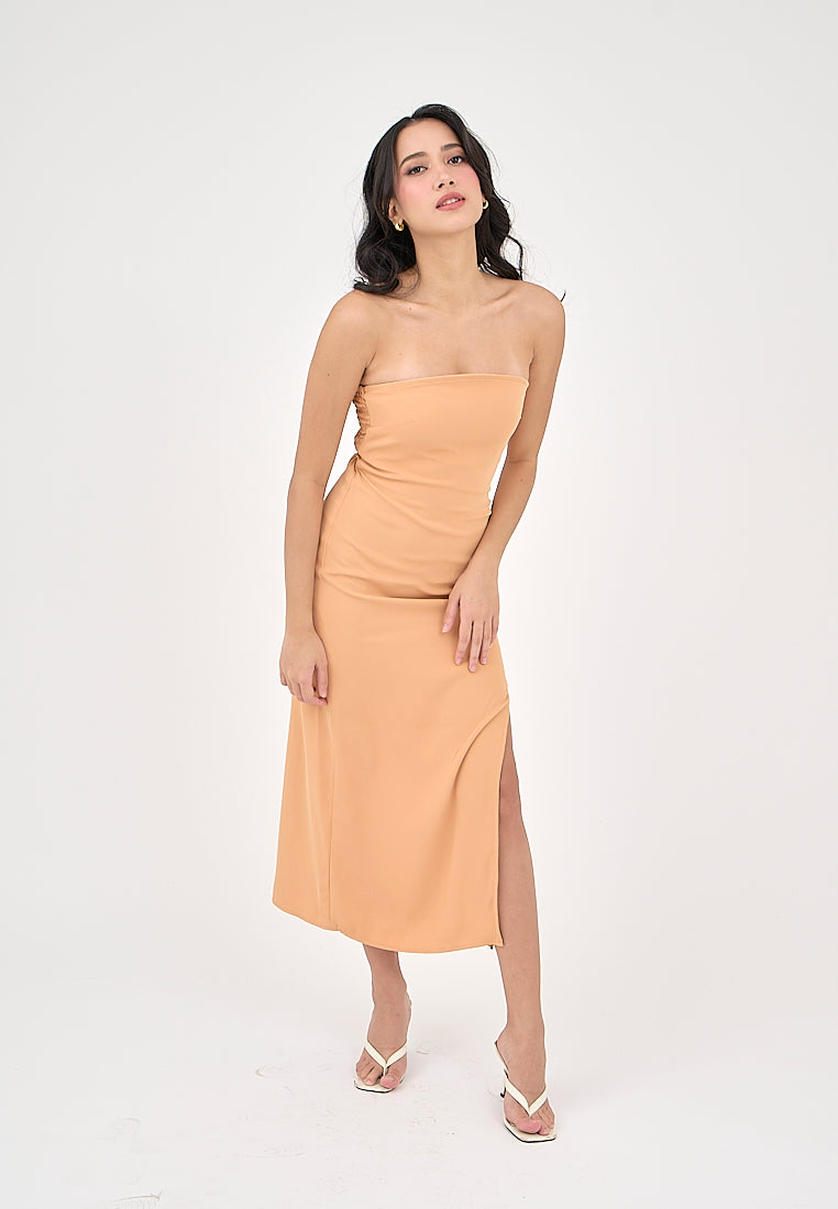 Solana Pastel Orange with Slit Tube Midi Dress