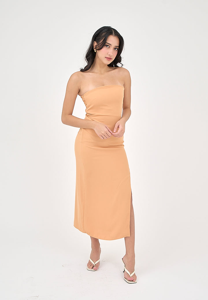 Solana Pastel Orange with Slit Tube Midi Dress