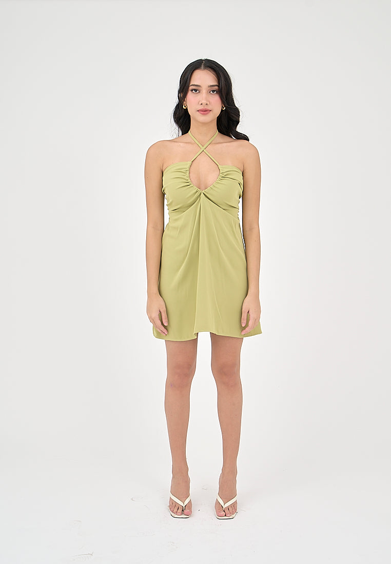 Kourtney Lime Green Halter U-shaped Mini Dress