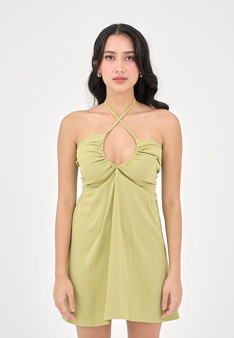 Kourtney Lime Green Halter U-shaped Mini Dress