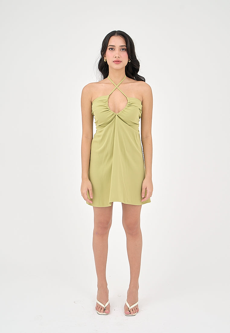 Kourtney Lime Green Halter U-shaped Mini Dress