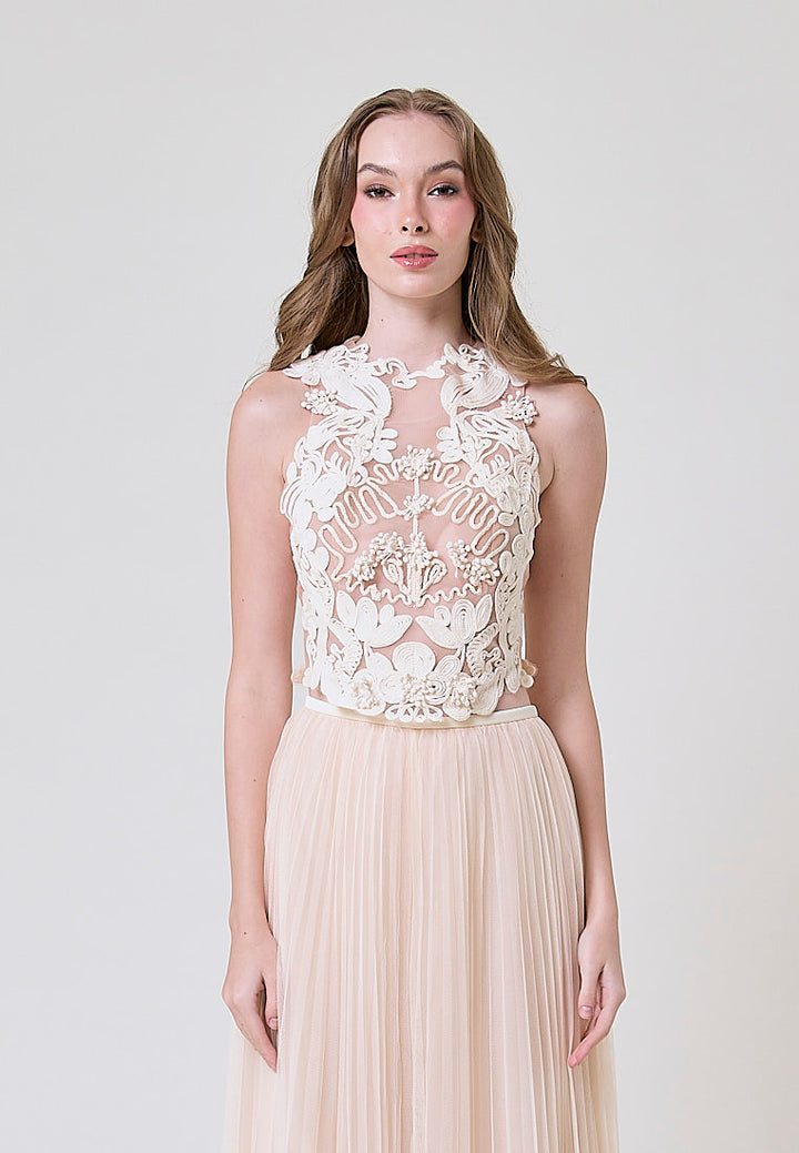 Therese Cream Sleveless Top With Flower Applique And Mesh Skirt Set