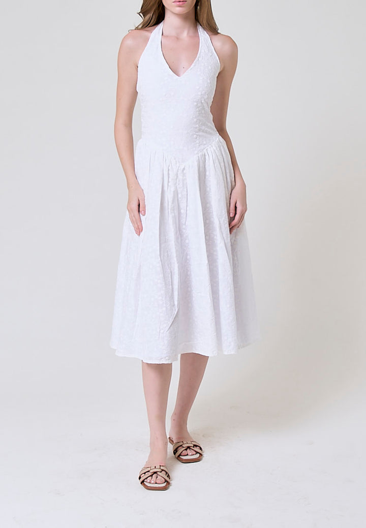 Riona White Floral Emboidery Halter Midi Dress