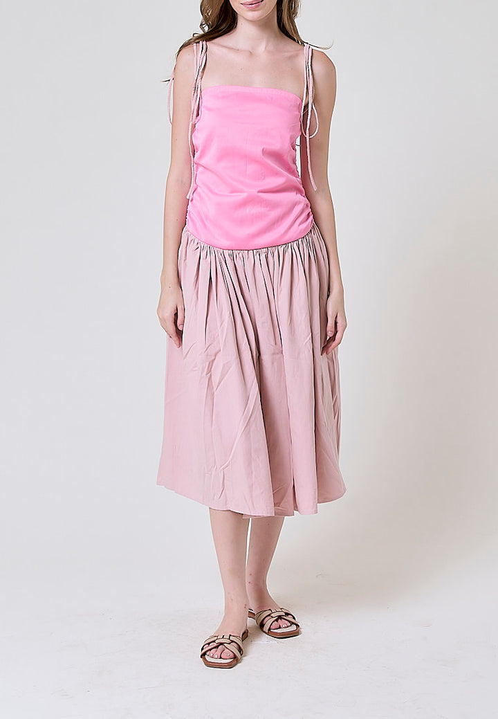 Mariella Nude Pink Patchwork Self Tie Midi Dress