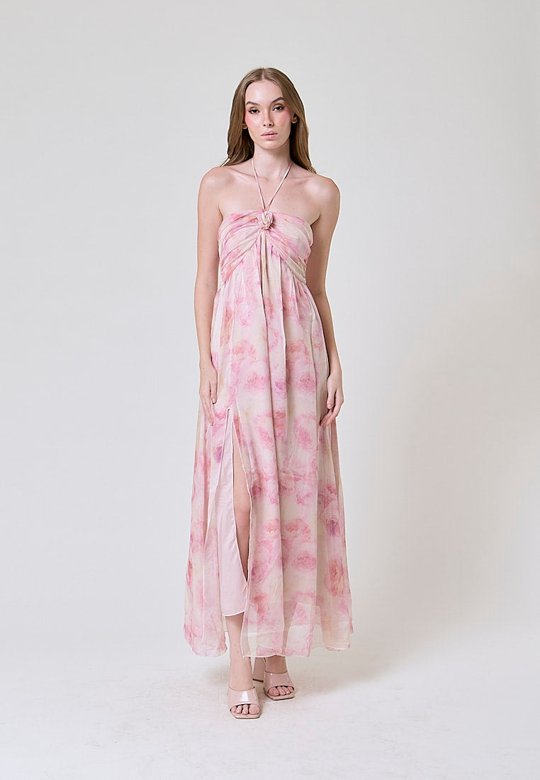Darcy Pink Floral Print Halter Neck Maxi Dress