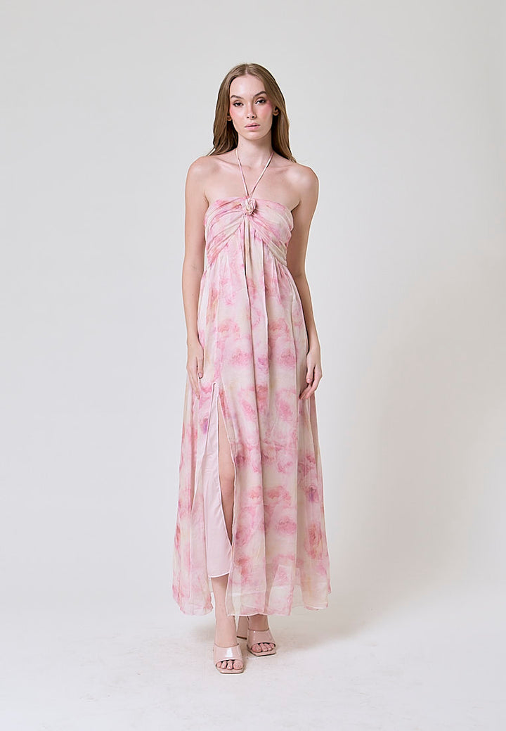 Darcy Pink Floral Print Halter Neck Maxi Dress