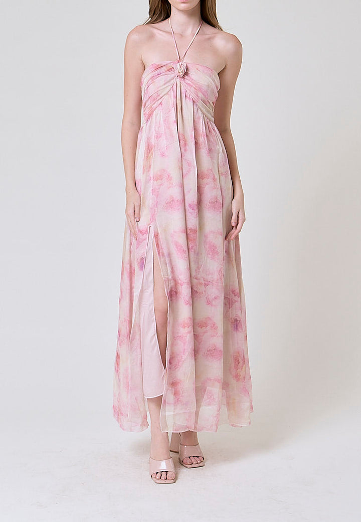 Darcy Pink Floral Print Halter Neck Maxi Dress