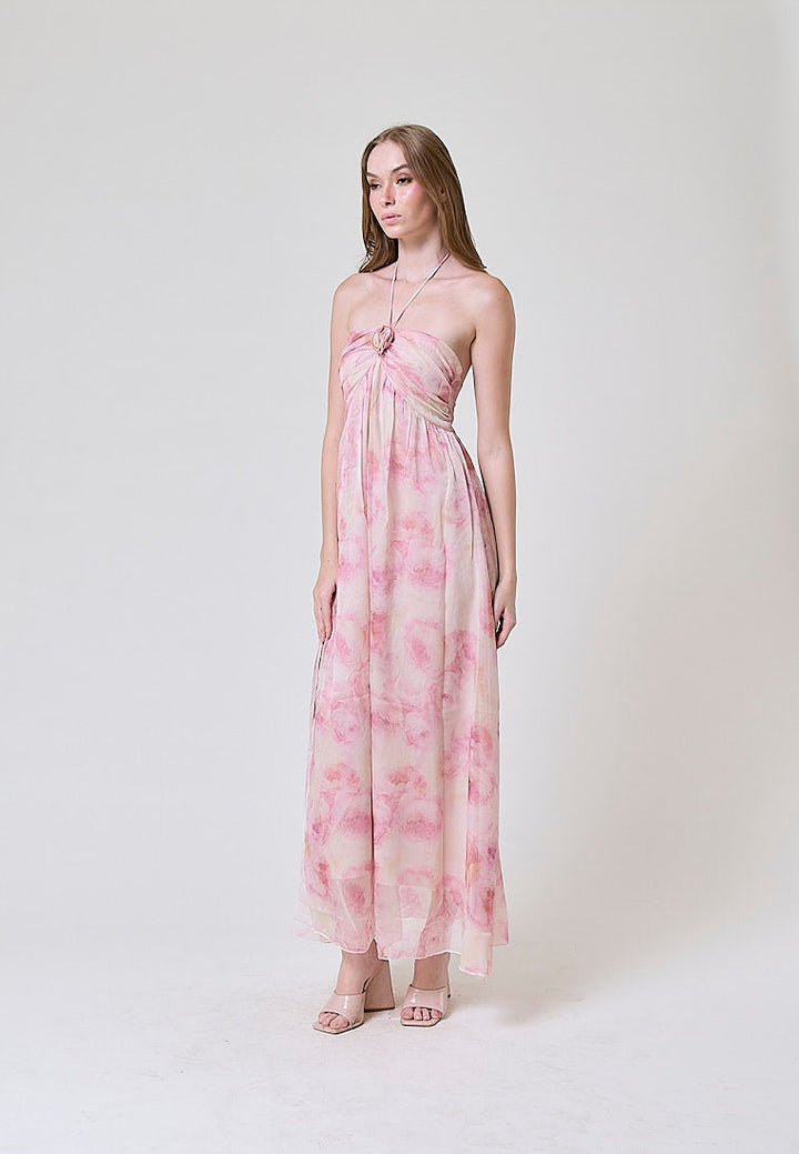Darcy Pink Floral Print Halter Neck Maxi Dress