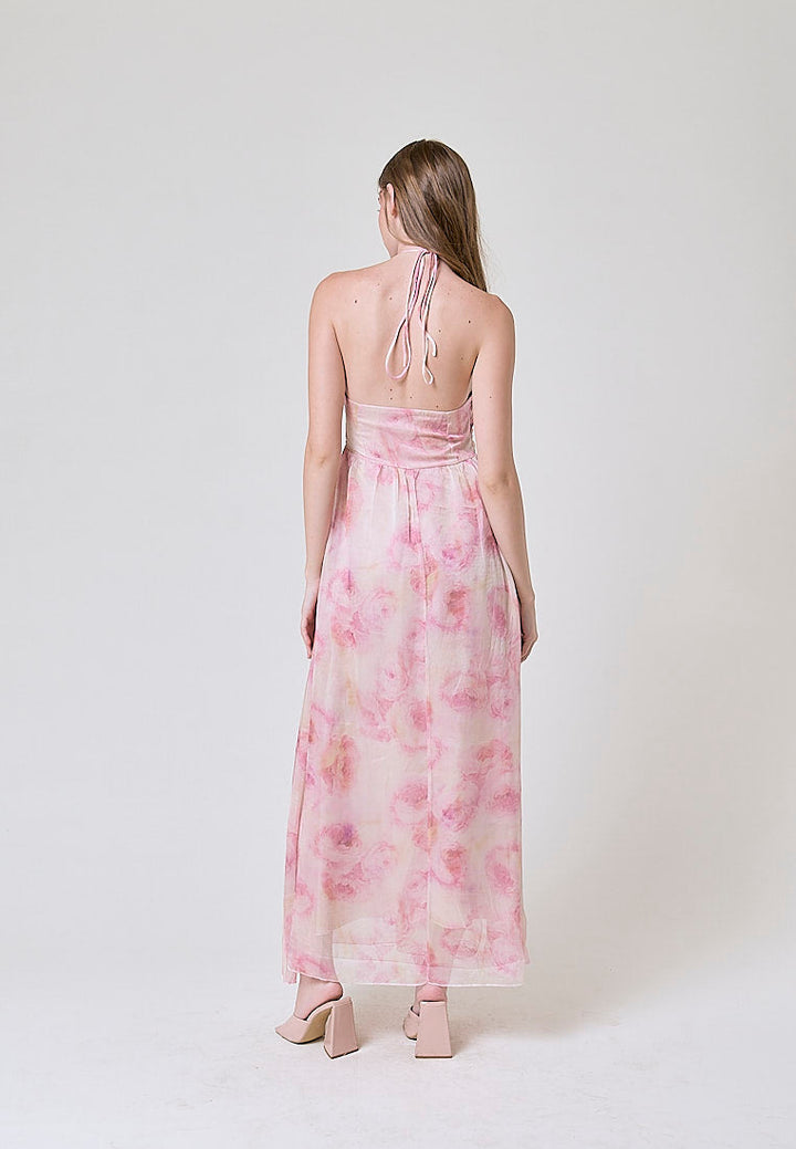 Darcy Pink Floral Print Halter Neck Maxi Dress