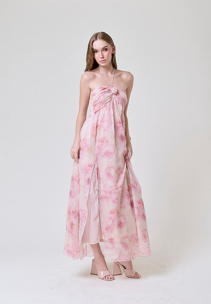 Darcy Pink Floral Print Halter Neck Maxi Dress