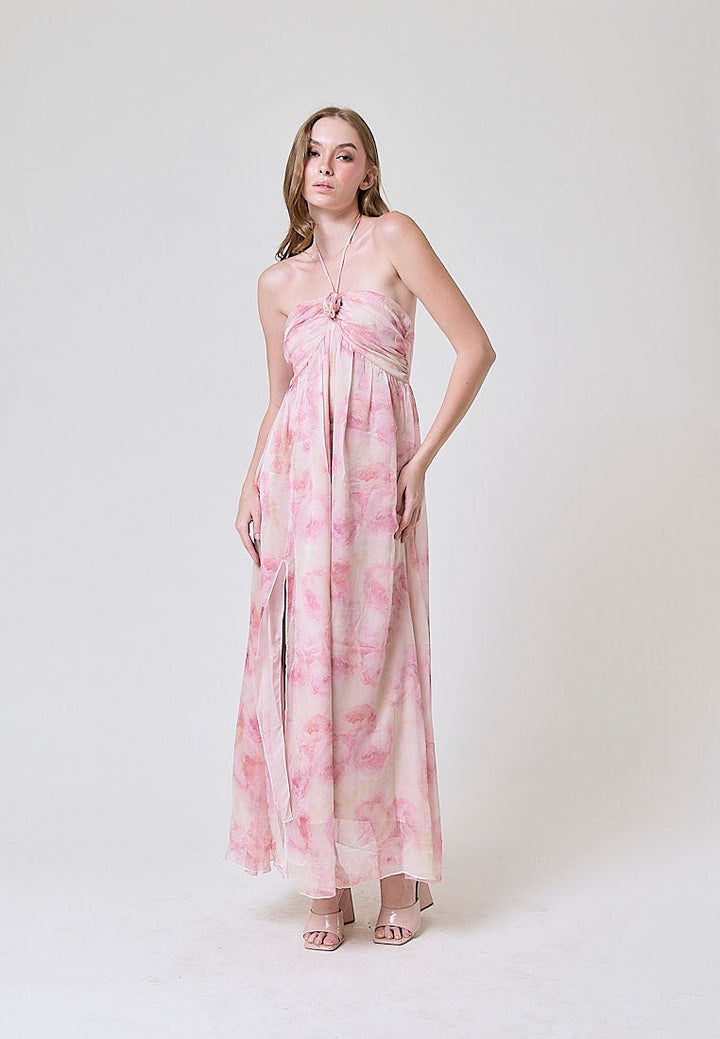 Darcy Pink Floral Print Halter Neck Maxi Dress