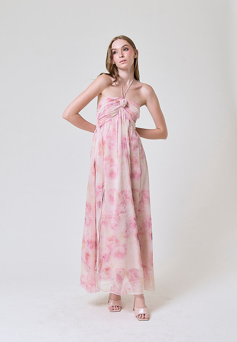 Darcy Pink Floral Print Halter Neck Maxi Dress