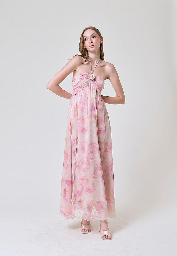 Darcy Pink Floral Print Halter Neck Maxi Dress