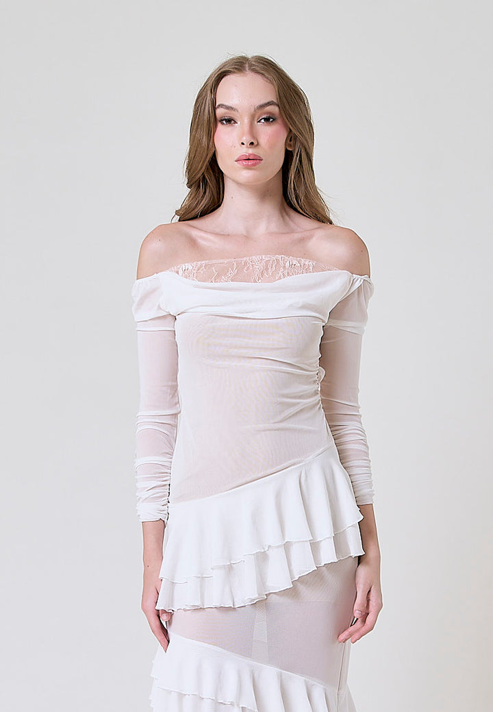 Ahora White Mesh Pleated Maxi Dress
