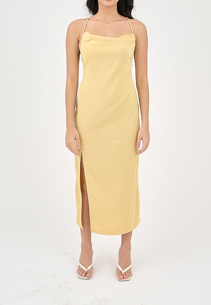 Marguerite Butter Yellow Cowl Neck and back strapy Detail Midi Dress