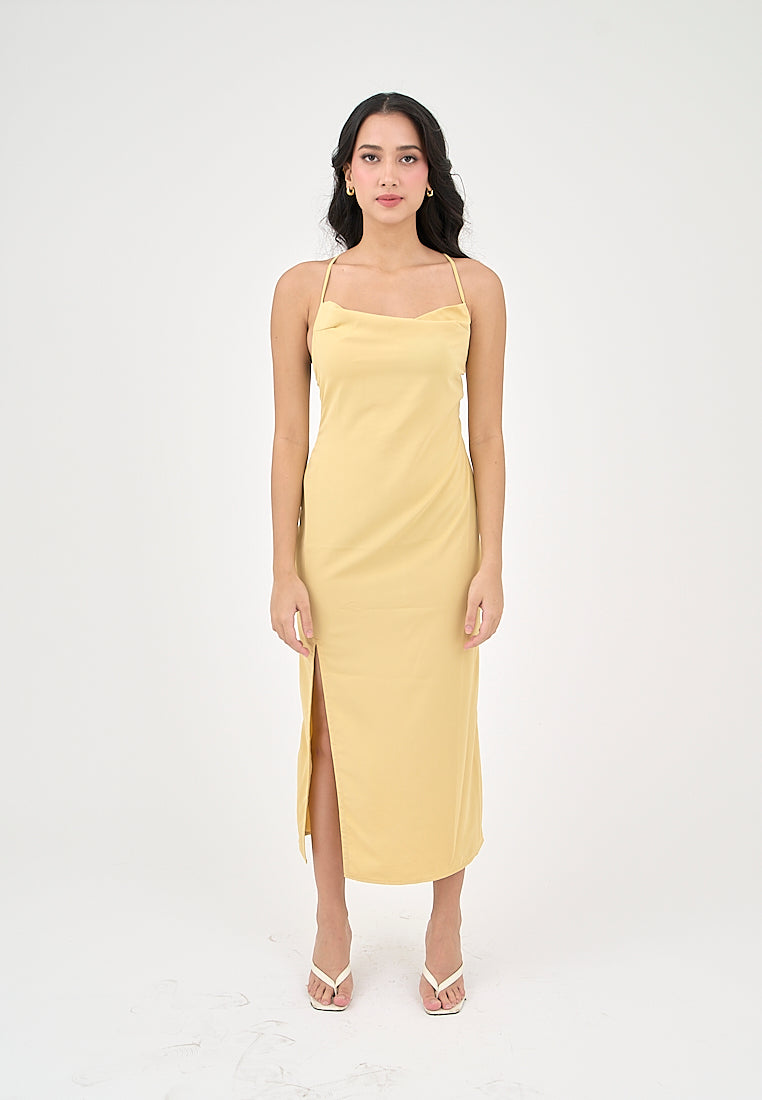 Marguerite Butter Yellow Cowl Neck and back strapy Detail Midi Dress