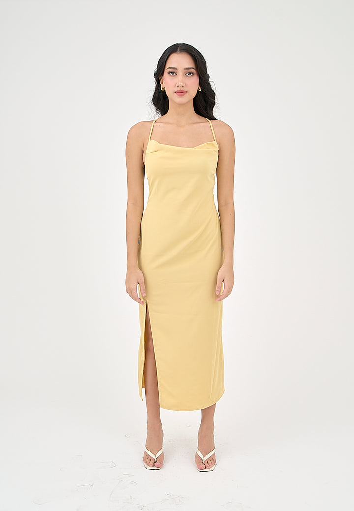 Marguerite Butter Yellow Cowl Neck and back strapy Detail Midi Dress