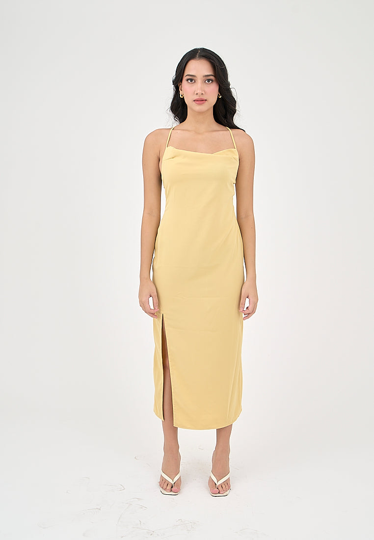 Marguerite Butter Yellow Cowl Neck and back strapy Detail Midi Dress