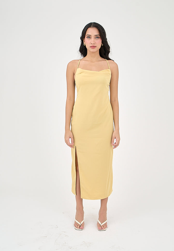 Marguerite Butter Yellow Cowl Neck and back strapy Detail Midi Dress
