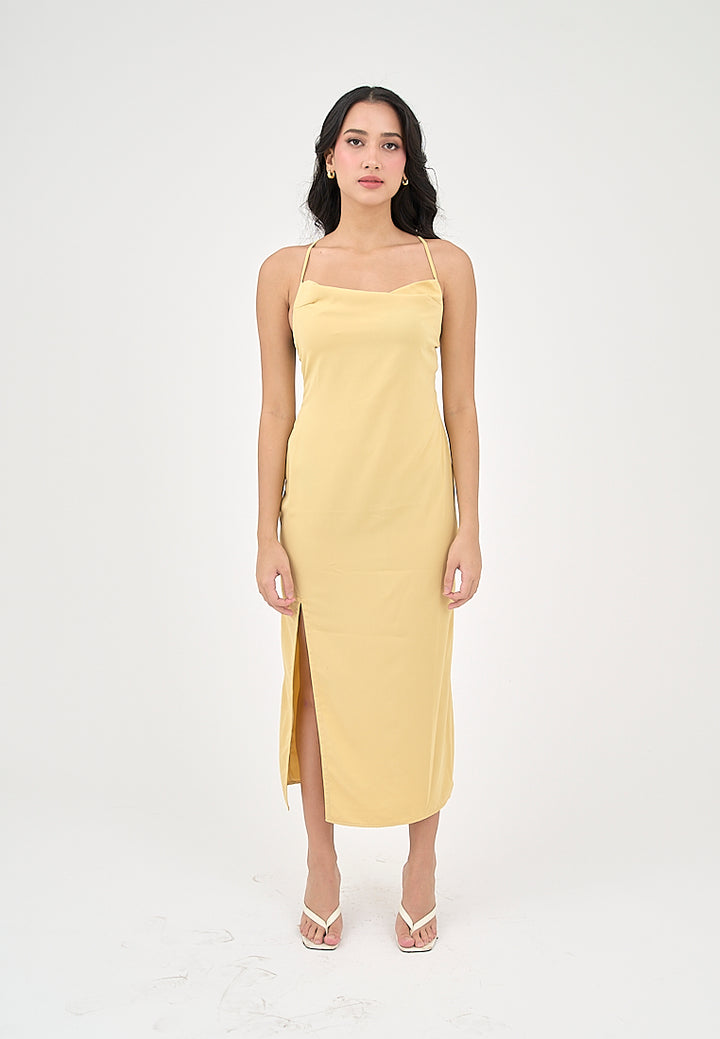Marguerite Butter Yellow Cowl Neck and back strapy Detail Midi Dress