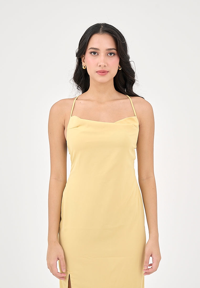 Marguerite Butter Yellow Cowl Neck and back strapy Detail Midi Dress