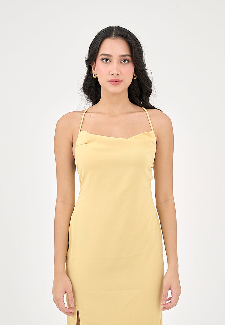 Marguerite Butter Yellow Cowl Neck and back strapy Detail Midi Dress