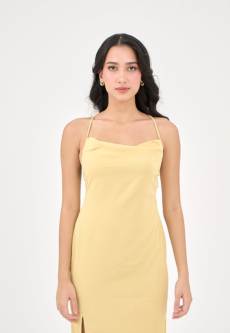 Marguerite Butter Yellow Cowl Neck and back strapy Detail Midi Dress