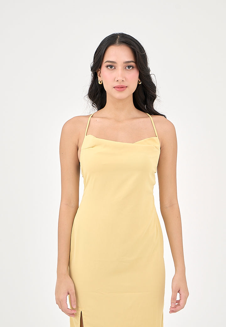 Marguerite Butter Yellow Cowl Neck and back strapy Detail Midi Dress