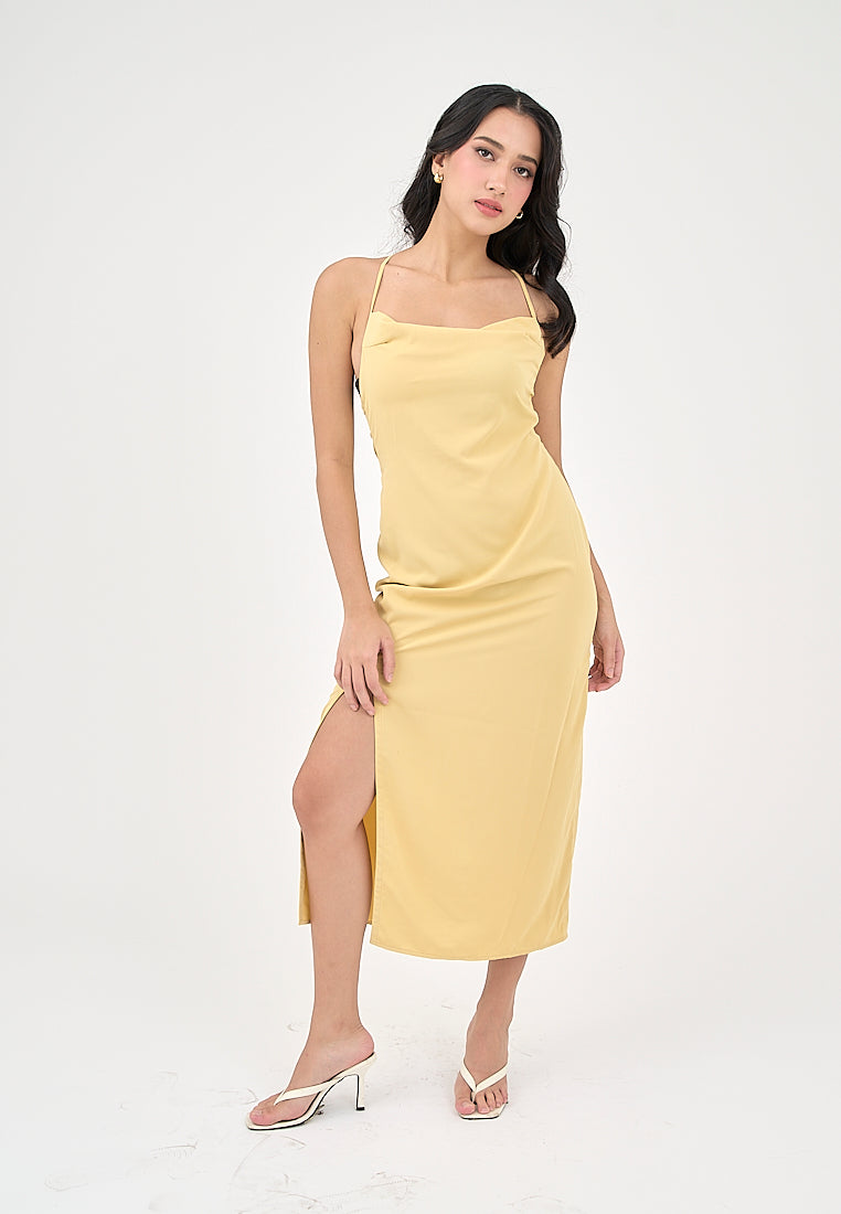 Marguerite Butter Yellow Cowl Neck and back strapy Detail Midi Dress