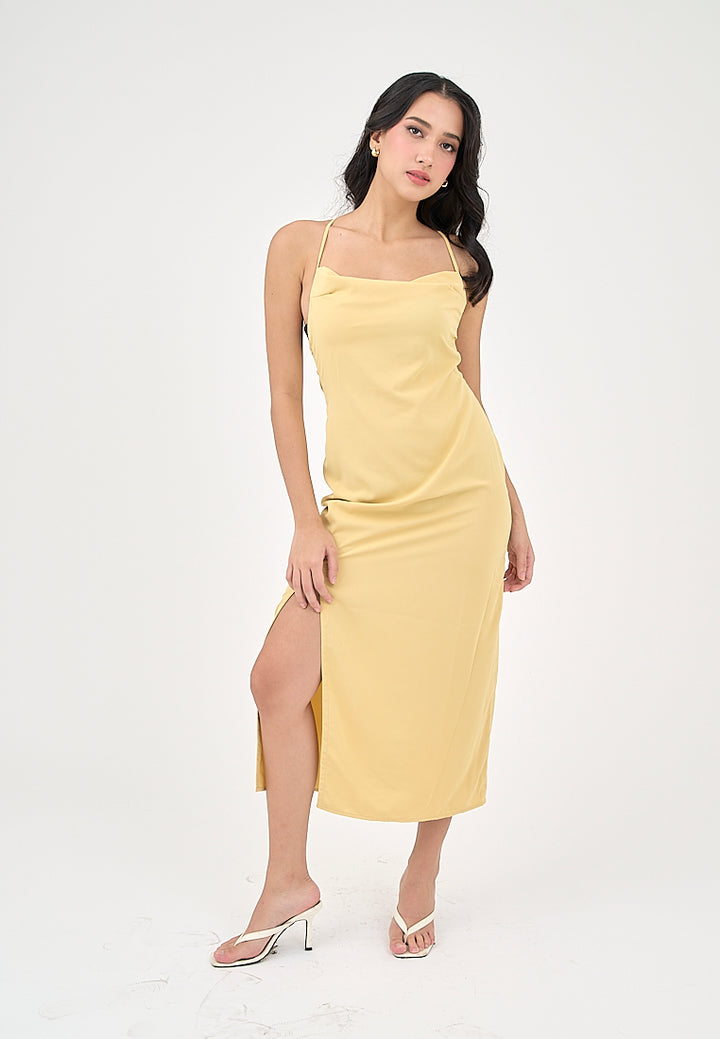 Marguerite Butter Yellow Cowl Neck and back strapy Detail Midi Dress