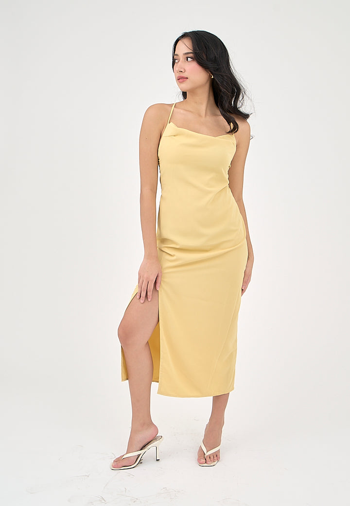 Marguerite Butter Yellow Cowl Neck and back strapy Detail Midi Dress