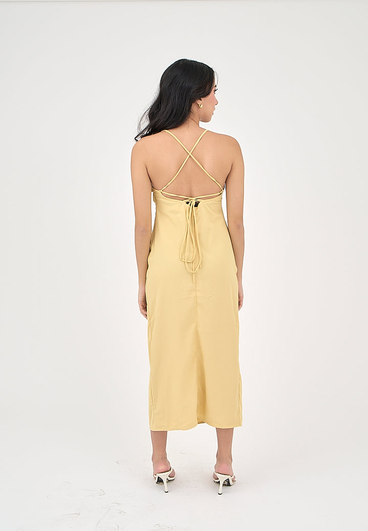 Marguerite Butter Yellow Cowl Neck and back strapy Detail Midi Dress