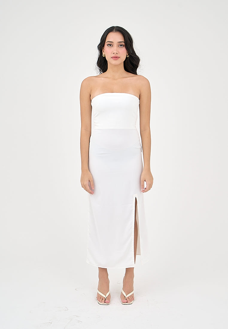Solana Milky White with Slit Tube Midi Dress