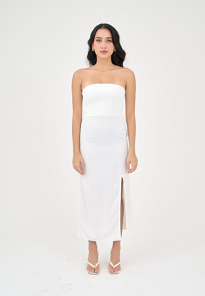 Solana Milky White with Slit Tube Midi Dress