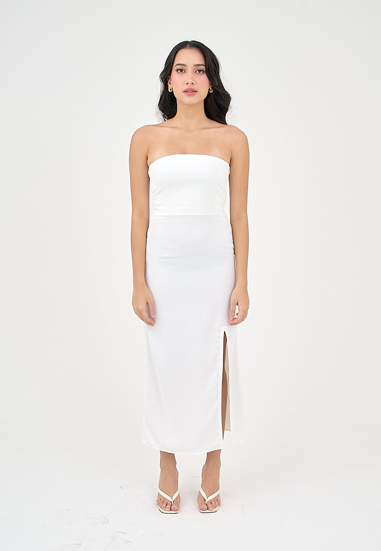 Solana Milky White with Slit Tube Midi Dress