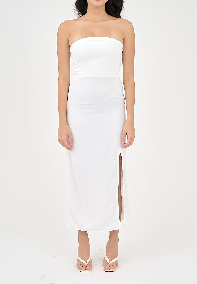 Solana Milky White with Slit Tube Midi Dress