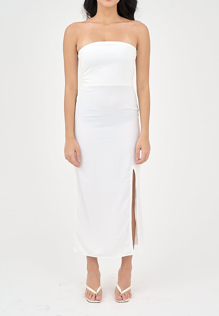 Solana Milky White with Slit Tube Midi Dress