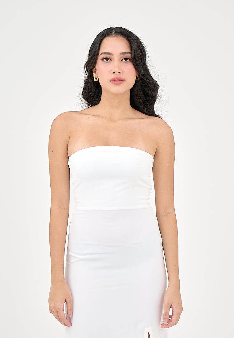 Solana Milky White with Slit Tube Midi Dress