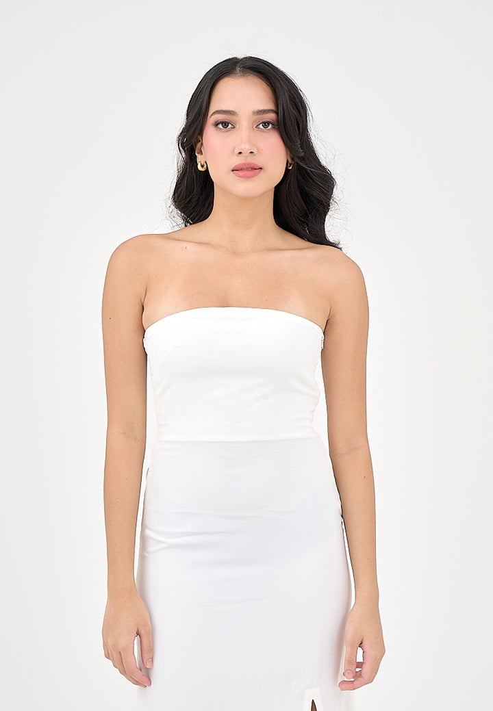 Solana Milky White with Slit Tube Midi Dress