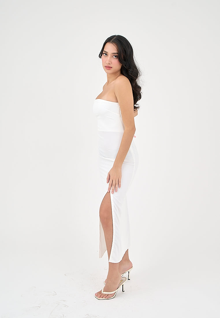 Solana Milky White with Slit Tube Midi Dress