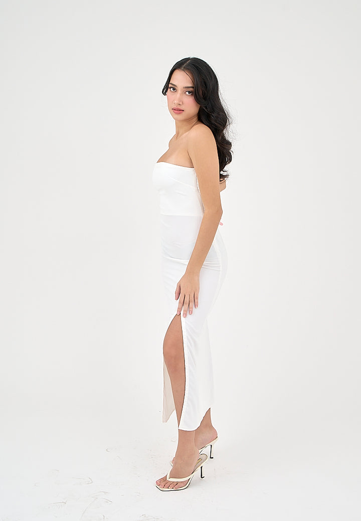 Solana Milky White with Slit Tube Midi Dress