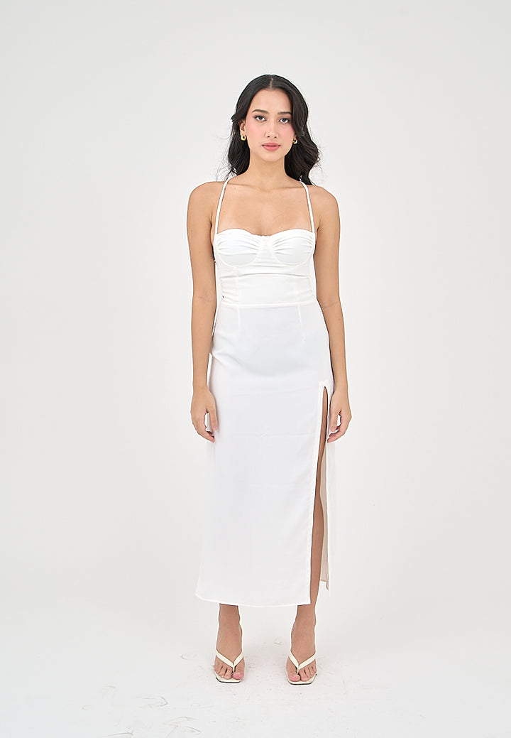 Generys Milky White Bustier with High slit Midi Dress