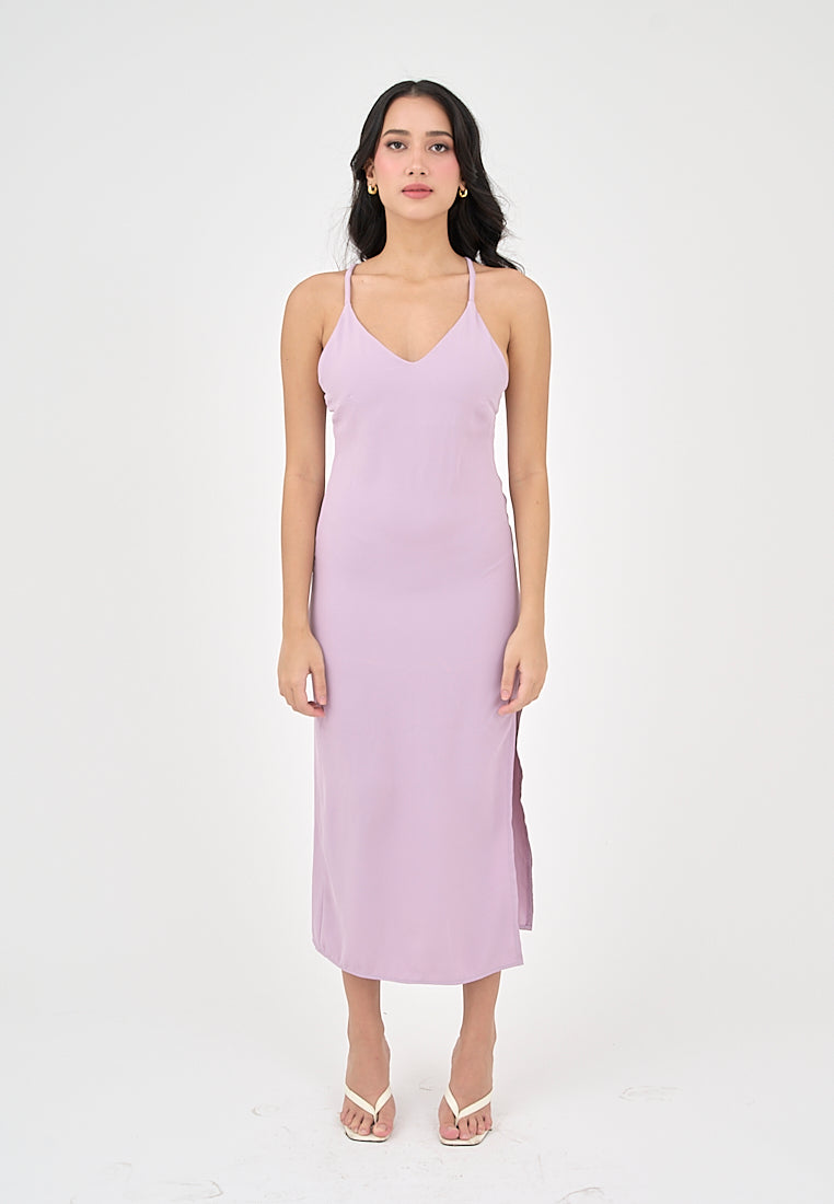 Merith Lilac V-Neck with High Slit Midi Dress