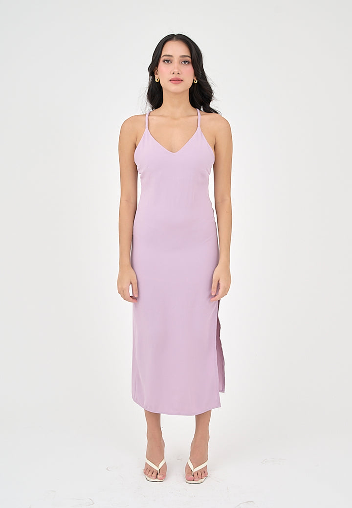 Merith Lilac V-Neck with High Slit Midi Dress