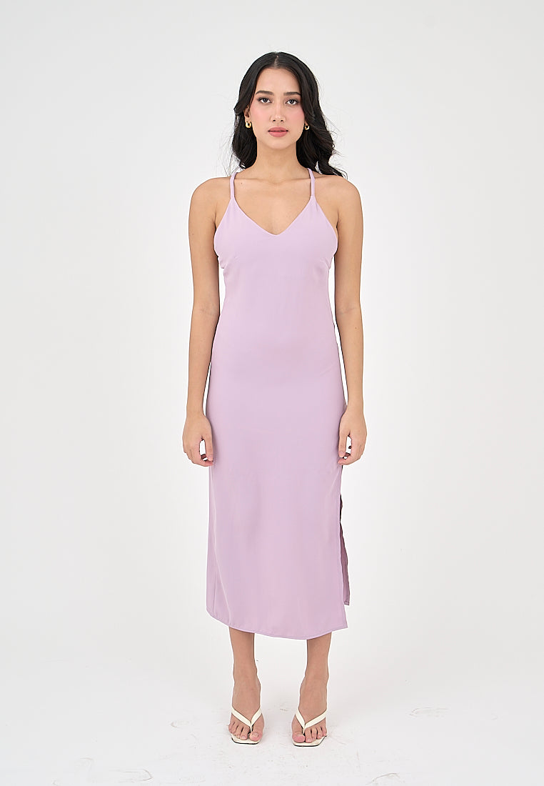 Merith Lilac V-Neck with High Slit Midi Dress