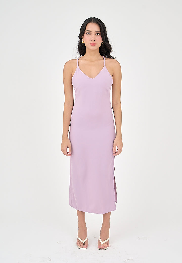 Merith Lilac V-Neck with High Slit Midi Dress