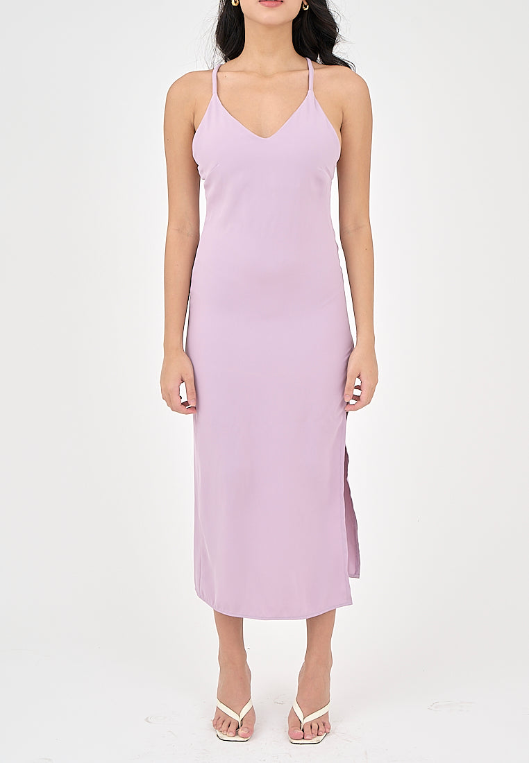 Merith Lilac V-Neck with High Slit Midi Dress