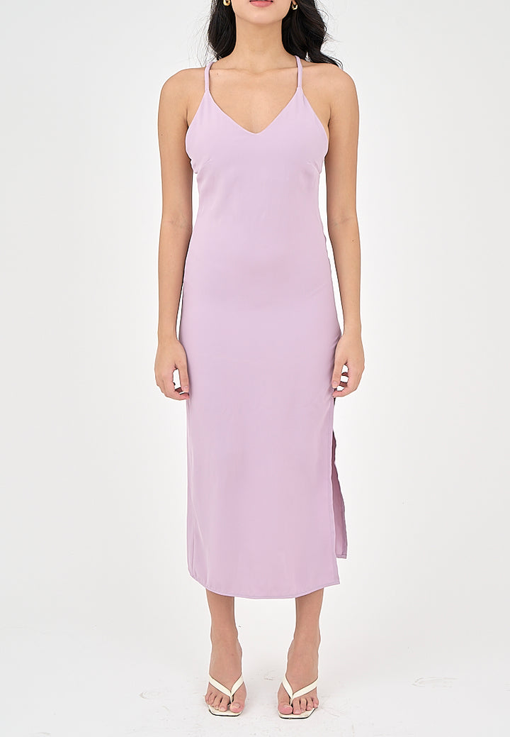Merith Lilac V-Neck with High Slit Midi Dress