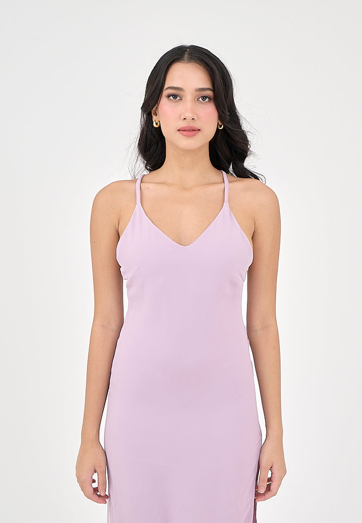 Merith Lilac V-Neck with High Slit Midi Dress