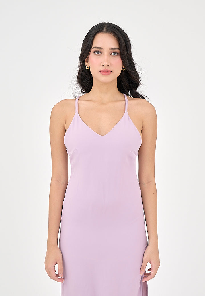 Merith Lilac V-Neck with High Slit Midi Dress